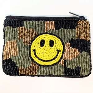 Beaded Smiley Face Coin Purse | Camo Zip Pouch Hand Beaded